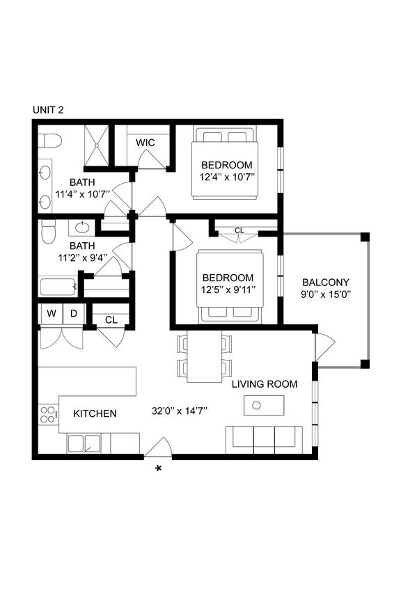 WD 2 BRB 2 Bedroom W Balcony